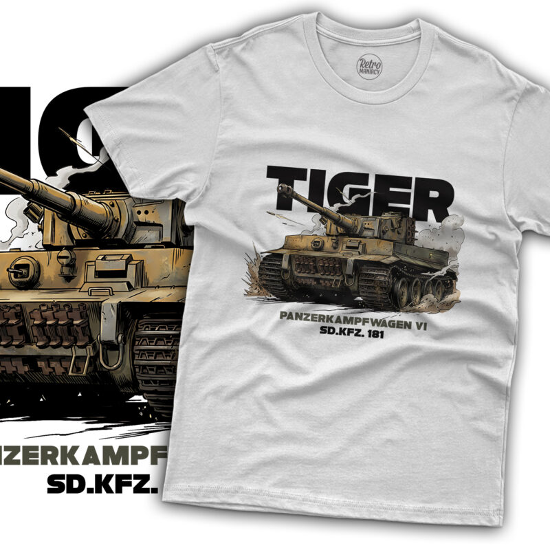 Koszulka męska z czołgiem Tygrys biała szara dynamiczny nadruk Retromaniacy