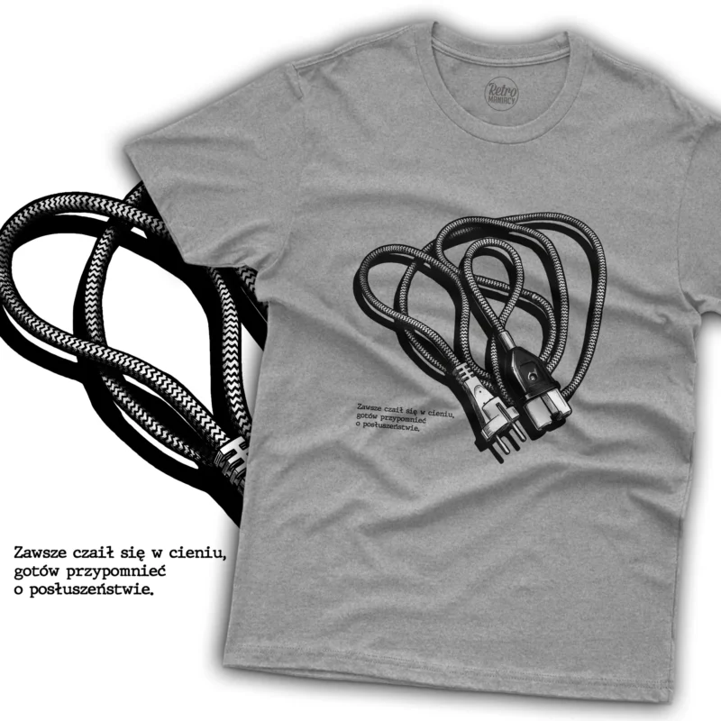 koszulka męska z kablem od prodiża szara biała retromaniacy śmieszny retro prezent