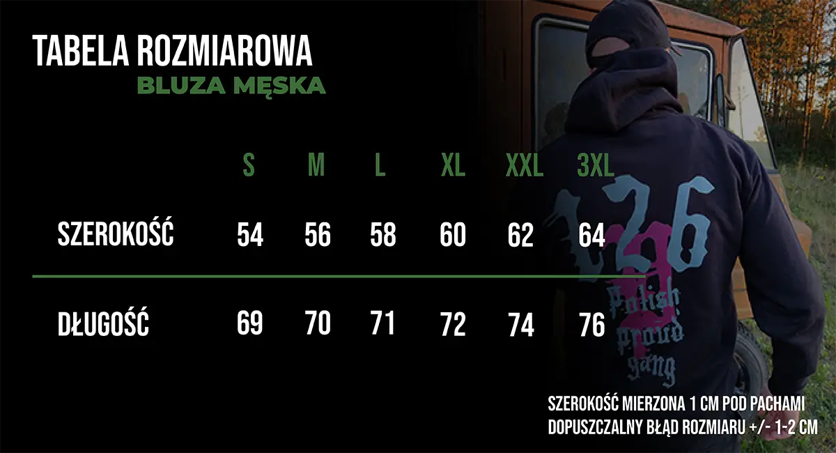 Tabela rozmiarowa bluzy męskiej z kapturem Retromaniacy